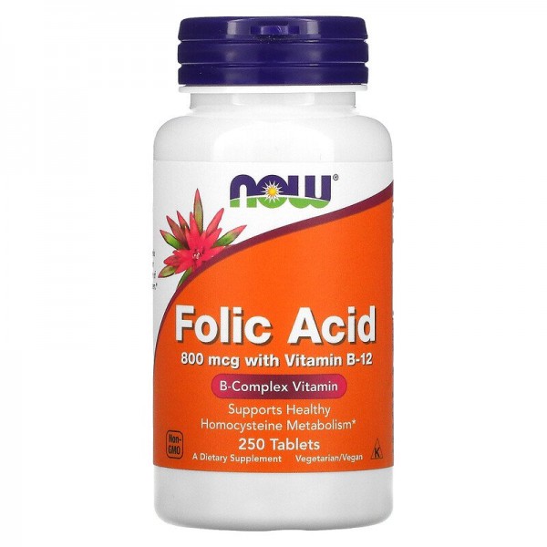 Now Foods Folic Acid 800 mcg with Vitamin B-12 - Фолиевая Кислота 800 мкг с Витамином В-12 250 таблеток