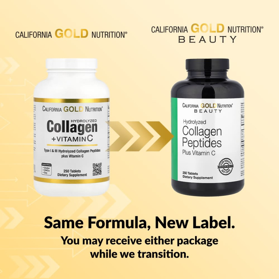 California Gold Nutrition Hydrolyzed Collagen Peptides + Vitamin C, Type I & III - Гидролизованные Коллагеновые Пептиды + Витамин С (тип 1 и 3)  250 таблеток