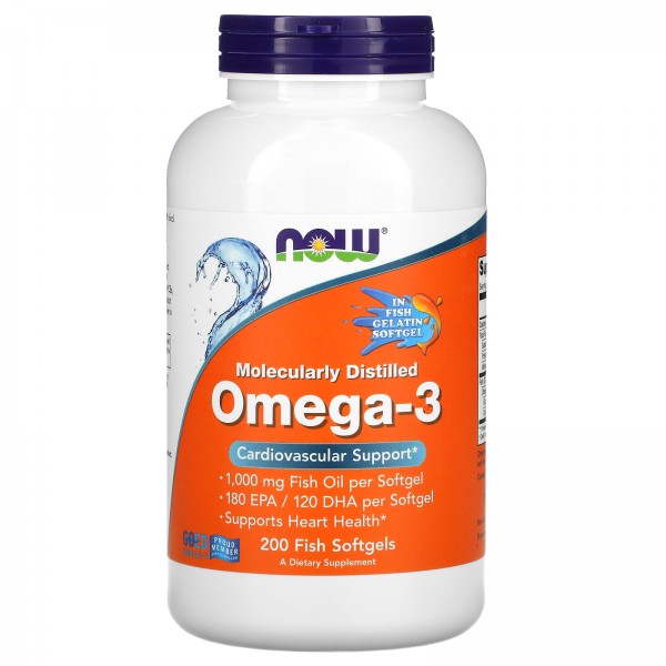 Now Foods Omega-3 1000 mg - Жирные кислоты Омега-3 200 рыбных капсул